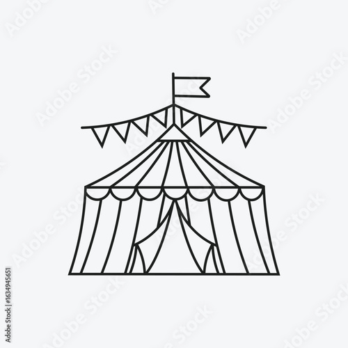 Circus Tent Line Art Icon, Simple Big Top with Bunting Outline, Carnival and Fairground Symbol, Modern Vector Graphic for Entertainment and Festival Themes.