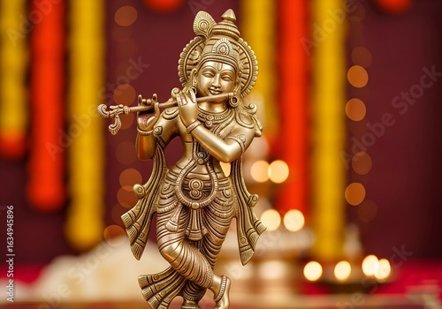 Golden Krishna Statue Playing Flute with Festive Bokeh Lights