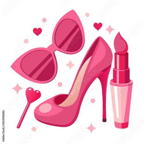 Glam Fashion Essentials Vector Set – Pink Heels, Lip Gloss & Sunglasses Isolated