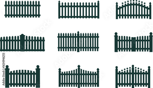 Fence silhouette collection, decorative picket styles, pointed rounded flat tops, property boundary icons, black vector set, architectural clipart bundle