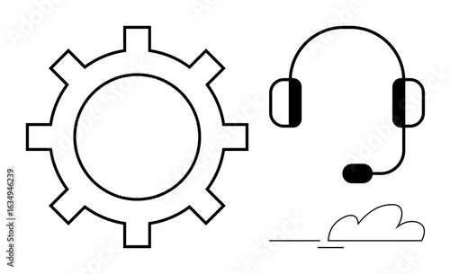 Gear setup beside a headset with mic, symbolizing customer support, communication, and collaboration. Ideal for service, teamwork, technology, innovation, operations efficiency reliable solutions