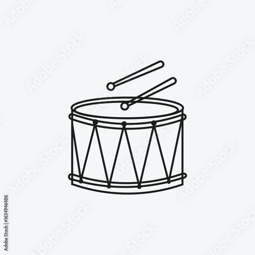 Snare Drum with Drumsticks Line Art Icon, Simple Marching Percussion Instrument Outline, Music and Rhythm Symbol, Modern Vector Graphic for Band and Parade Themes.