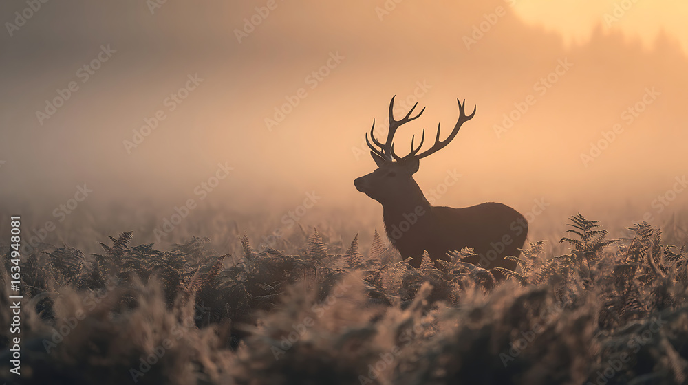 Obraz premium Majestic red deer stag silhouetted against a misty sunrise image