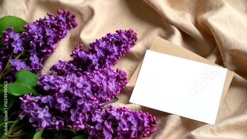 A bouquet of vibrant purple flowers and a blank white card rests on a wrinkled beige cloth, with a brown envelope