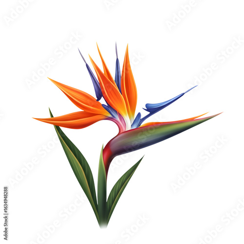 Beautiful 4K digital illustration of a single vibrant bird-of-paradise flower with a unique crane-like shape and rich tropical colors isolated on transparent background
