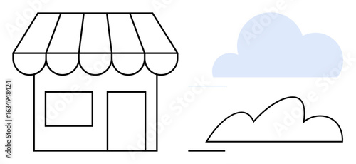 Line art of a shop facade with an awning, rectangular windows, a door, a cloud, and a shrub. Ideal for retail, local business, nature, simplicity eco-friendly logo design and community themes