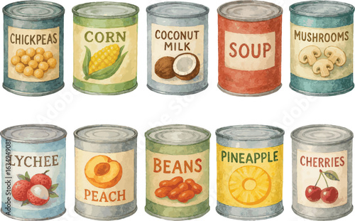 Collection of watercolor vector illustartions of various canneed food including a soup, fruits, vegetables, mushrooms and coconut milk