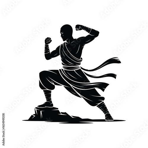 Kung Fu Martial Arts Male Silhouette in Traditional Combat Pose – Vector Clipart