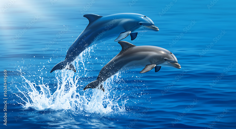 Fototapeta premium Two Dolphins Leaping from the Ocean Water with Splashes Underneath Them
