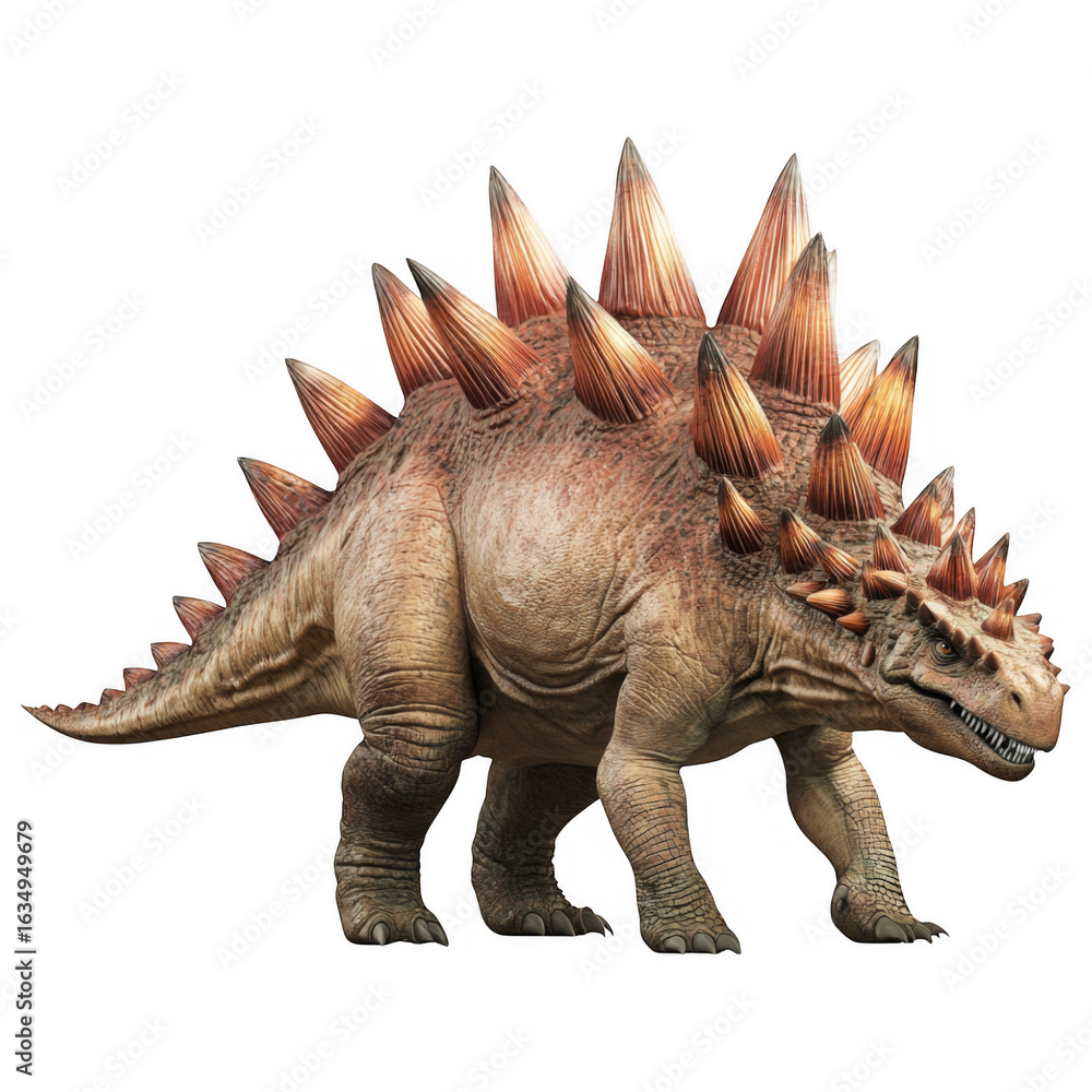 Fototapeta premium Ancient Giant: Witness the majestic Stegosaurus in its prehistoric glory, a formidable herbivore with imposing plates and spikes on display, isolated against a neutral background.
