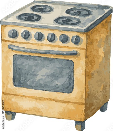 Vector watercolor painted illustration of a vintage stove