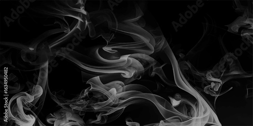 Gray smokes or steam, for use on dark background. Smoke and powder overlay on black background. Smoke steam set of airborne particulates and gases emitted. Scene of white cloudiness, steam or morning 