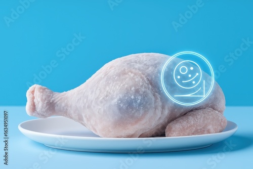 Frozen chicken leg displayed on a white plate against a blue background