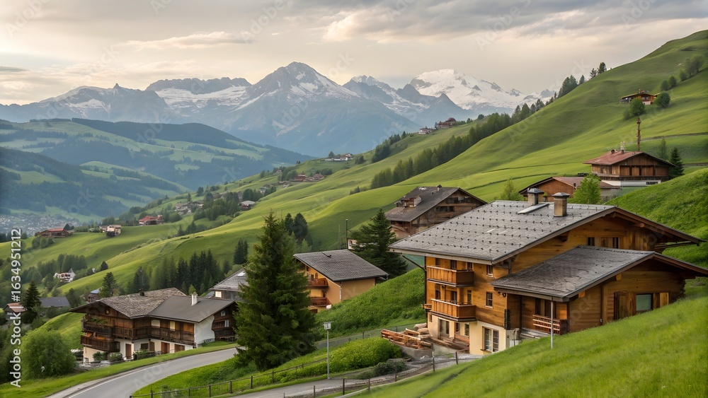 Fototapeta premium Idyllic swiss alps village nestled amongst green rolling hills