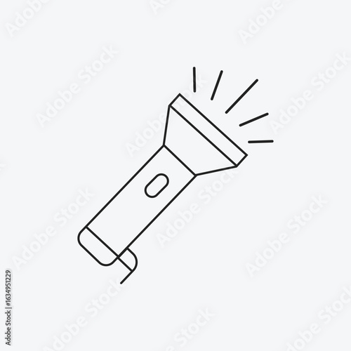 Shining Flashlight Line Art Icon, Simple Handheld Torch with Light Beam, Modern Vector Graphic for Camping, Emergency, and Outdoor Themes.