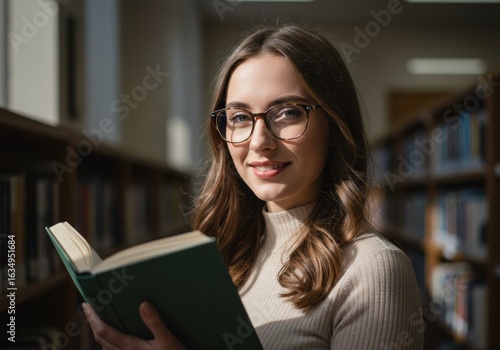 A smiling woman in glasses reading a book inside of a library setting.