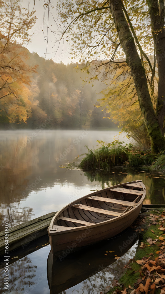 Obraz premium A wooden boat on a quiet autumn lake