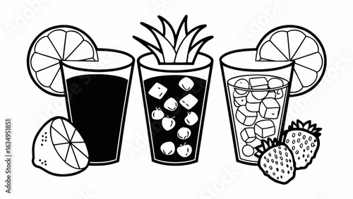 Invigorating fruit juice collection features lemon, strawberry, pineapple, refreshing drink illustrations