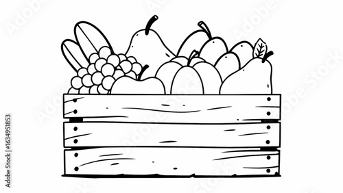 Freshly harvested fruit bounty in wooden crate, grapes, pears, and apples in a rustic style, vector origin