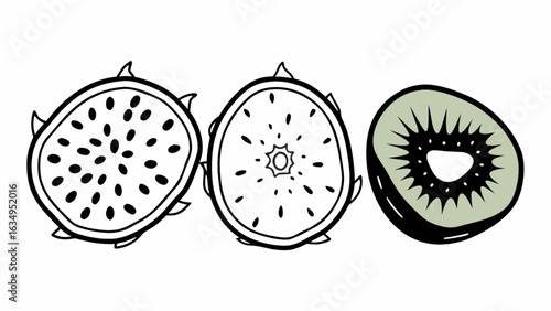Whimsical trio of sliced dragon fruit and kiwi, a fresh and vibrant element for your next creative project or summer design