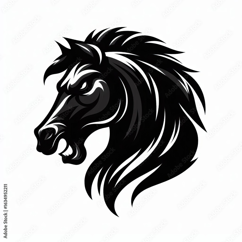 Fototapeta premium Fierce black horse head emblem with flowing mane
