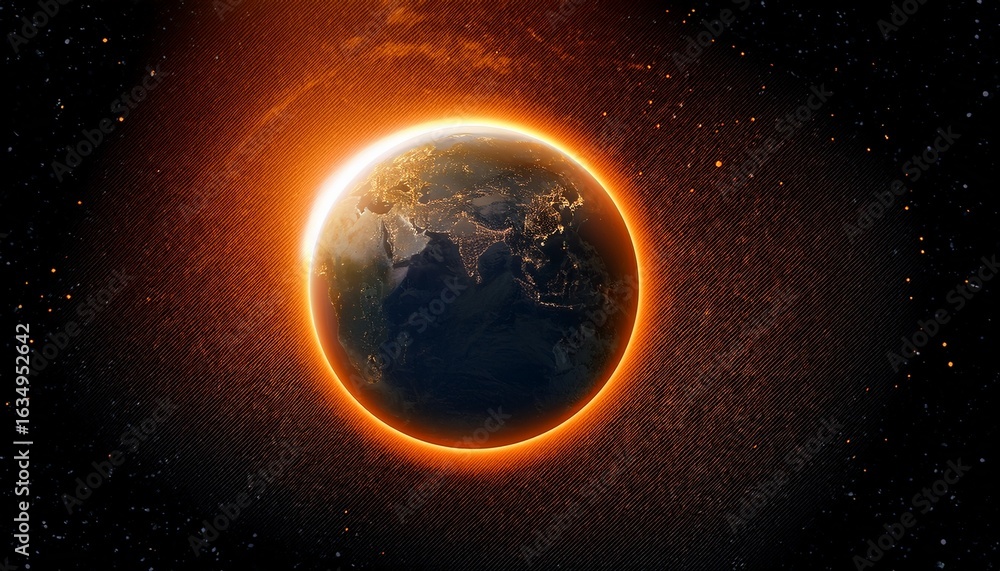 Fototapeta premium glowing earth with orange aura in dark space background