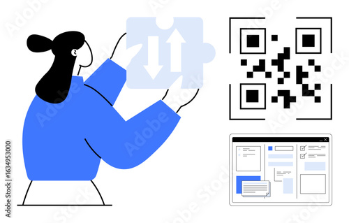 Woman examines puzzle piece with opposing arrows, QR code, and web interface, representing connection, problem-solving, and usability. Ideal for innovation, collaboration, automation analysis