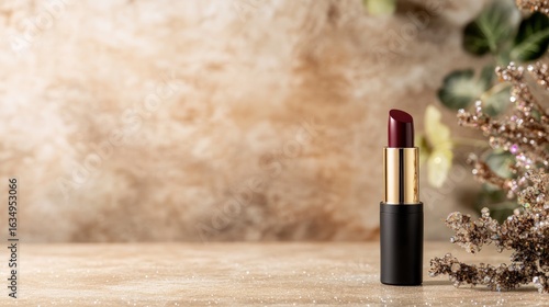 Elegant red lipstick on textured beige background for beauty and cosmetic product promotion