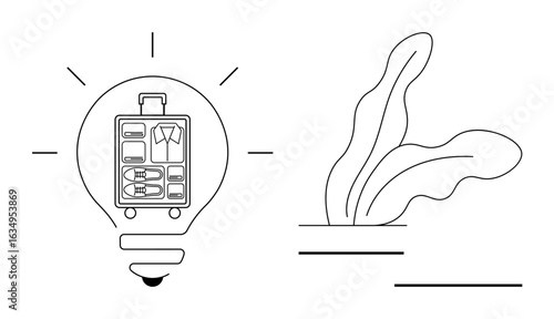 Outline of a lightbulb containing a packed suitcase, symbolizing travel planning. Paired with abstract leaf design for eco-conscious and creative themes. Ideal for travel, sustainability, innovation