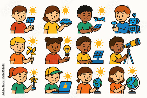 Kids Using Solar-Powered Toys Icons Colored Flat Design Vector Educational