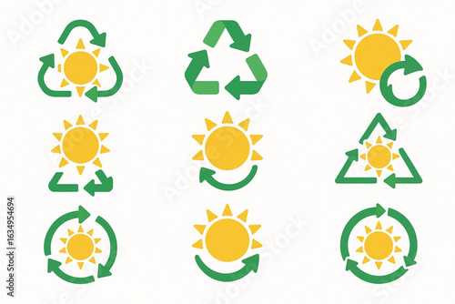 Solar and Recycling Icons Colored Flat Design Vector Circular Economy Set