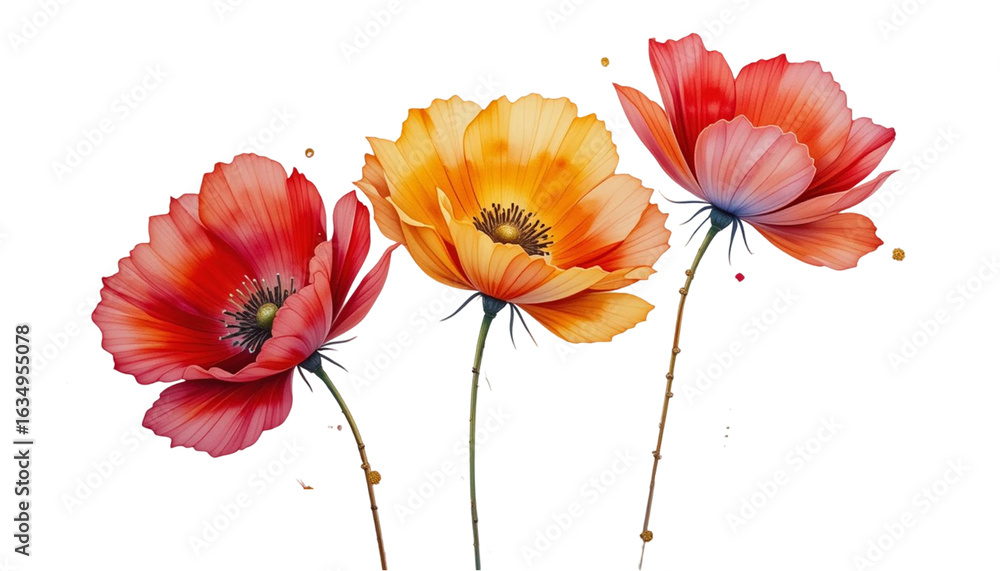 Obraz premium Three colorful poppies isolated on transparent background