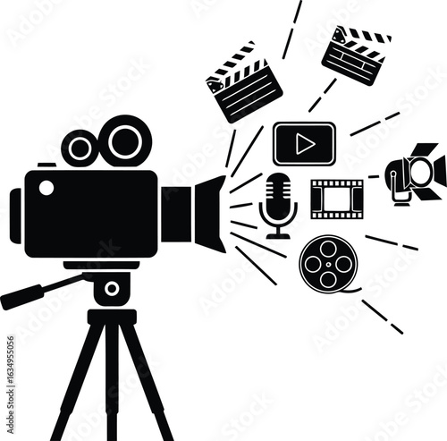 Black and White Vector Image of Filmmaking Equipment Representing the Movie Industry and Cinema Production Elements on a White Background