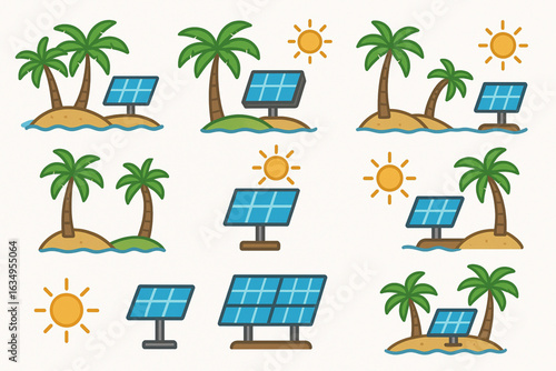Tropical Island Solar Installation Icons Colored Flat Design Vector Set
