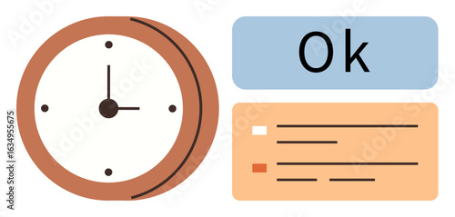 Analog clock paired with task checklist and Ok confirmation label emphasizing productivity, time tracking, and task completion. Ideal for workflow planning, organization, scheduling, prioritization