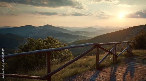 Fototapeta Naklejka Na Ścianę i Meble -  Sun shines over scenic mountain vista. Inspires wanderlust, peacefulness. Concept for travel, nature, wellness, marketing, web use.