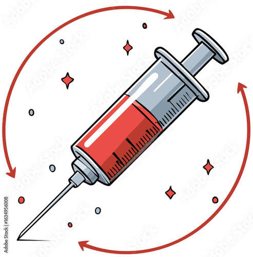 Stylized Syringe with Red Liquid Surrounded by Circular Arrows Vaccination or Treatment Concept