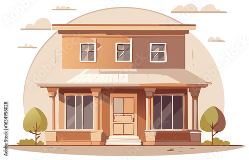 Stylized Two Story Home with Columns, Trees, and Clouds in Soft Tones