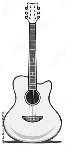 Acoustic guitar with six strings and fretboard detail in grayscale