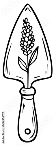 Black and white illustration of a garden trowel with a flowering plant.