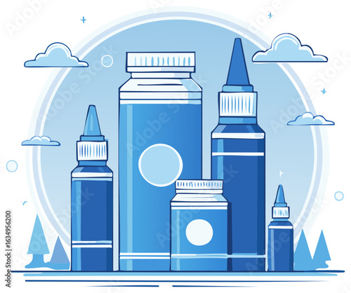 Blue Toned Medicine Containers with Droppers and Pill Bottles in Clean Minimalist Scene with Clouds and Trees