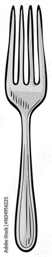 Drawn Silver Fork Illustration with Four Tines for Dining in Kitchen, Dining Room, Restaurant