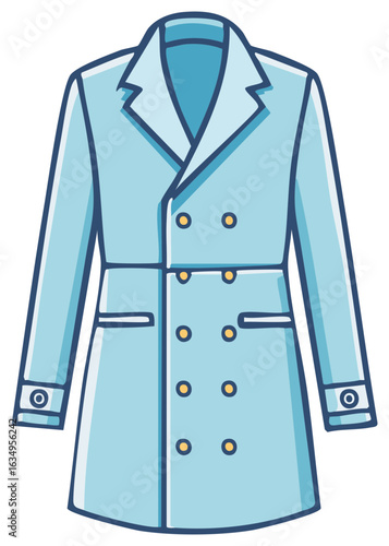 Cartoon Style Light Blue Double Breasted Overcoat with Golden Buttons Illustration