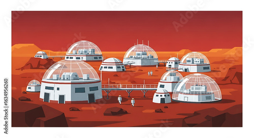 Mars colony futuristic illustration with domes and space exploration concept