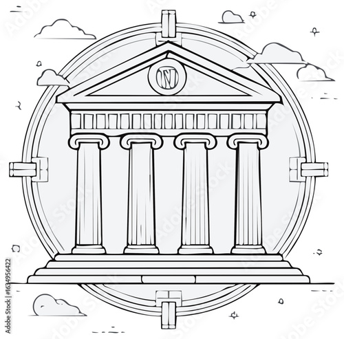 Ancient Greek Temple Facade with Ionic Columns and Pediment Symbol