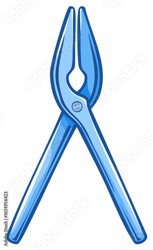 Blue cartoon illustration of long nosed pliers tool or medical forceps instrument