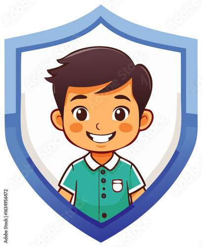 Smiling boy portrait inside a shield illustration. Concept of safety, protection, security.