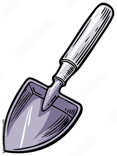 Illustration of a hand trowel gardening tool with a long handle