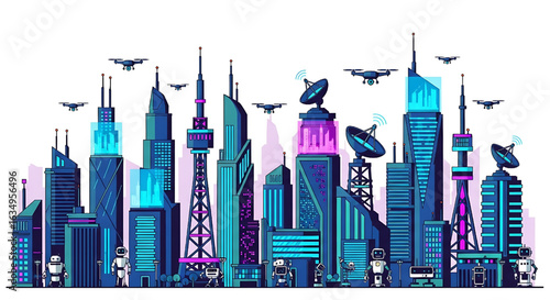 Futuristic City Skyline with Skyscrapers Drones Robots and Modern Technology Illustration