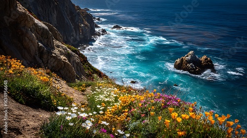 California Coast Blooms: Ocean view with wildflowers. Scenic, vibrant. Ideal for travel, marketing, design, web.